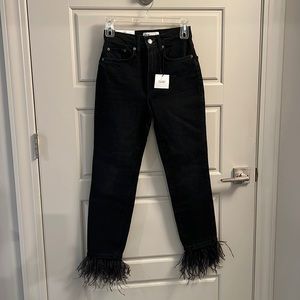 Zara • Black Jeans w/ Feather Trim